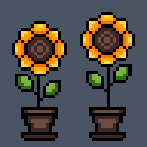 A pixel art drawing of two sunflowers in flowerpots